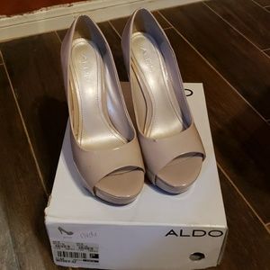 Nude patent leather platform heels